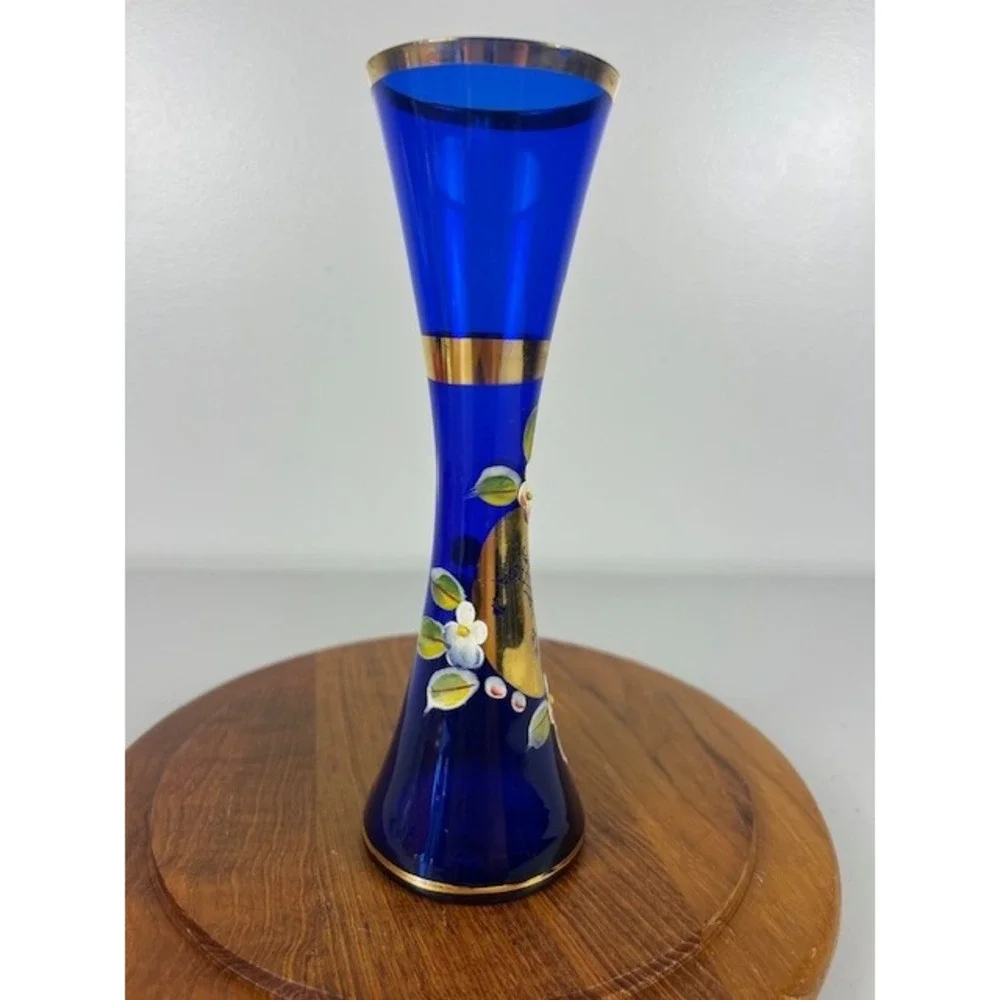 Vintage Cobalt Blue Bohemian Czech Hand Painted Bud Vase  Gold Trimmed ‎ Decor